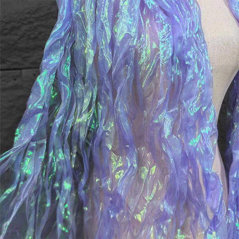 Colorful Pleated Laser Gradient Organza Fabric Wave Decoration Handmade DIY Clothing Fashion Mesh Fabric Mermaid Texture Cloth view 4