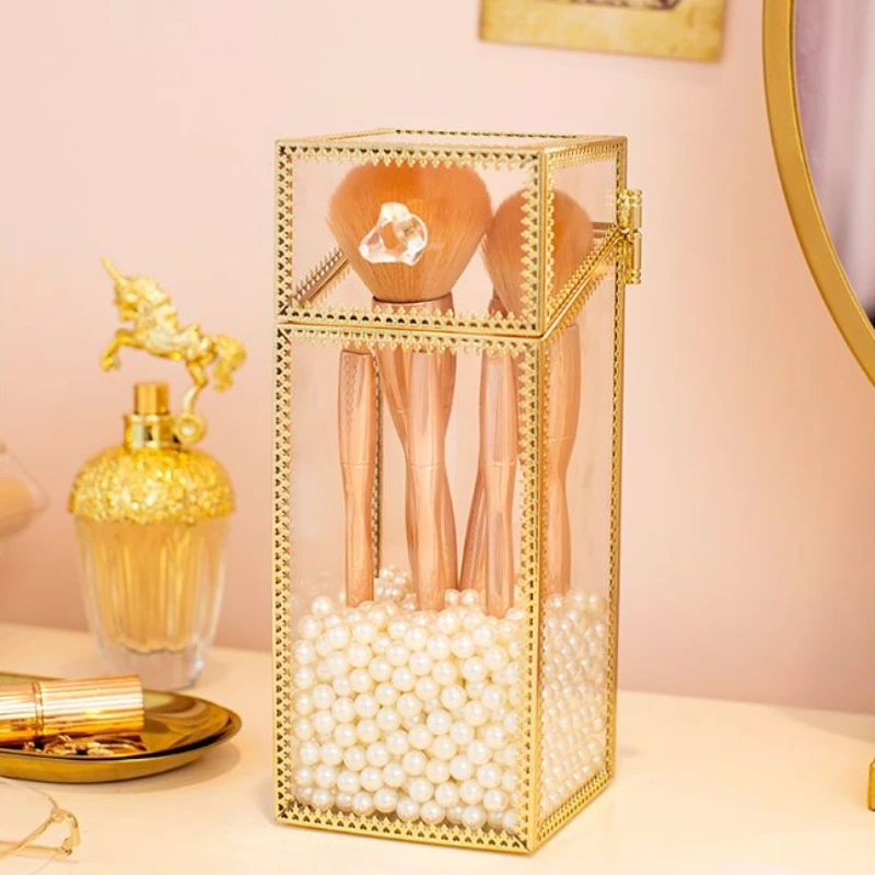 Desk Organizer Makeup Brush Storage Box with Cover Dustproof Luxury Cute Cosmetics Storage Pen Holder Luxury Iron Glass