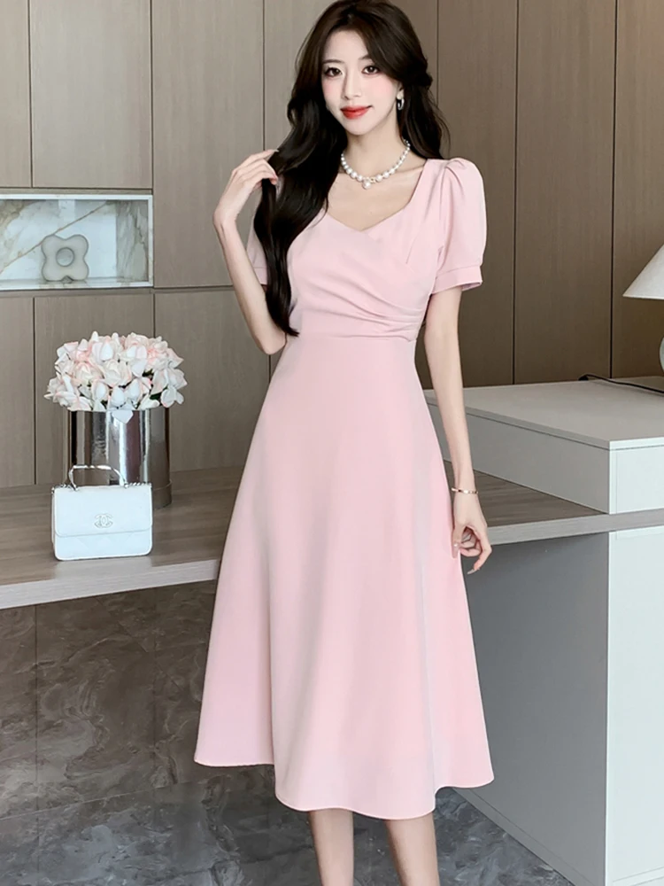 Summer Red Elegant Pleated Long Dress Women Pink Short Sleeve Square Collar Chic Wedding Dress 2024 Black Bodycon Evening Dress