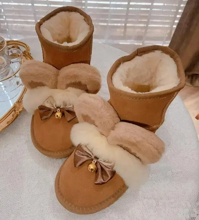 Cute Bear Round Ear with Bowtie Bell Snow Boots Cow Brown Yellow Suede Round Toe Winter Plush Fur Ankle Boots