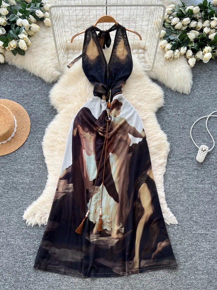 

Sexy V-Ne Hanging Ne Bal A-Line Long Dr Women's Spring Summer Print Slimming High Waist Polyester Fiber Dr