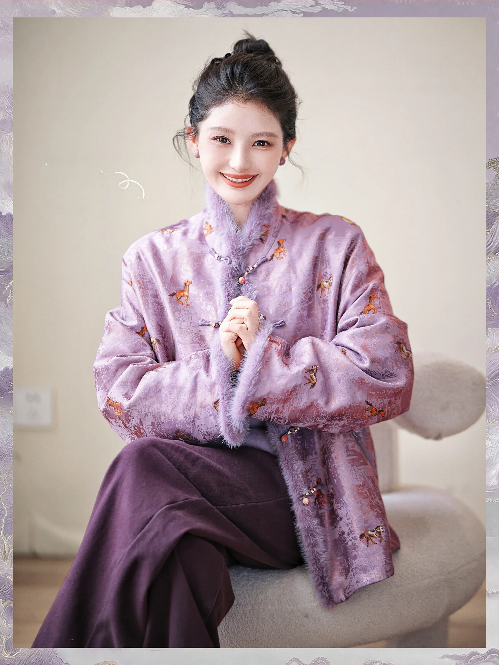 

ZhaodaXi Purple Clouds East Come Silk Filled Embroidered Patchwork Mink New Year Jaet ort Sle Commute Wind Resistant