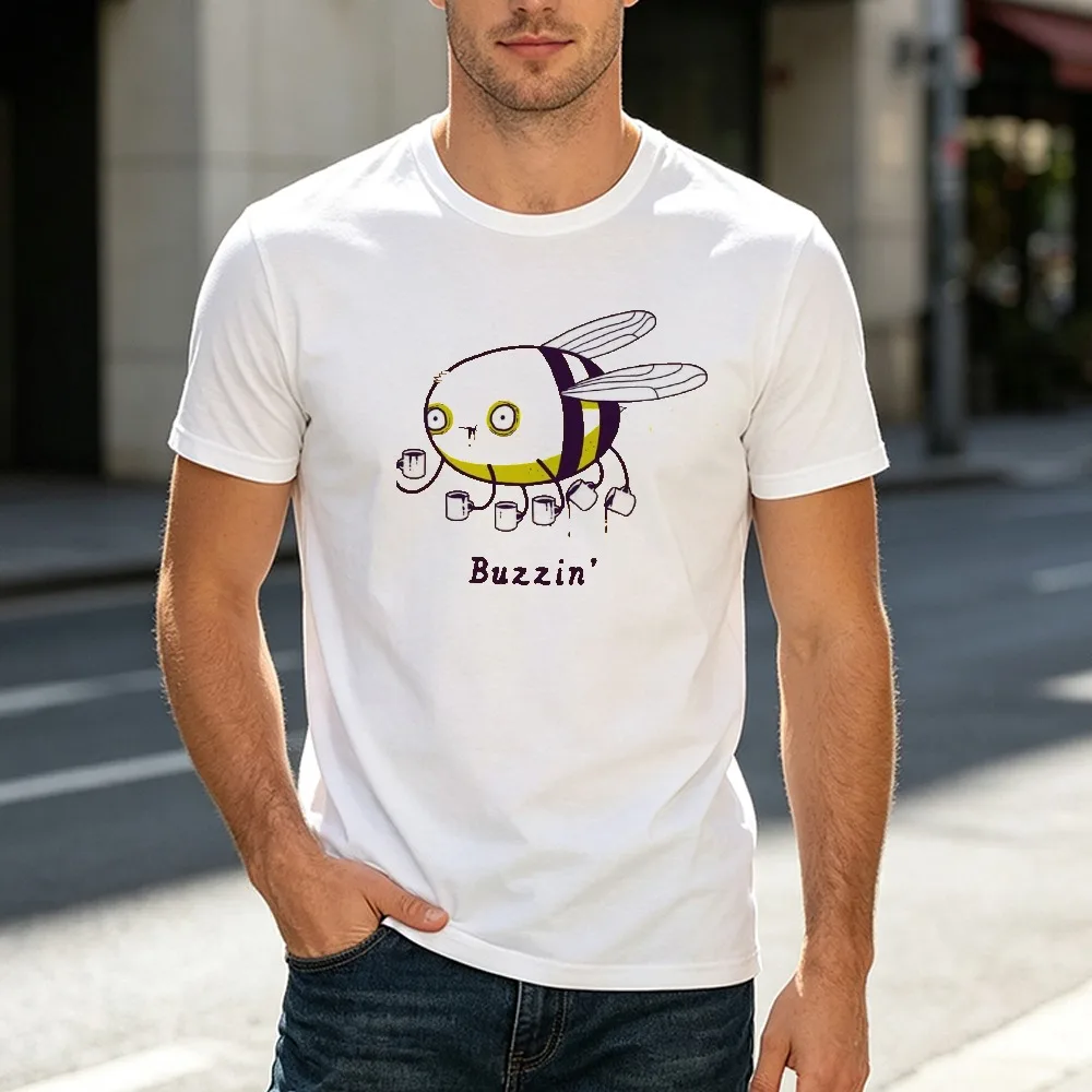 Buzzin Bee Coffee Cups Graphic T Shirt Male Caffeine Addict Meme Tee Summer Casual Morning Routine Top