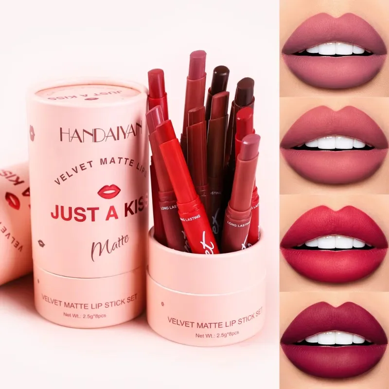 8Pcs/Set Matte Lipstick Nude Velvet Waterproof Lip Stick Pen Makeup Cosmetics Pink Solid Long Lasting Tinted Lip Balm