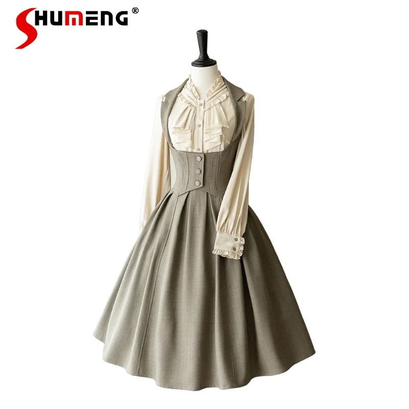 

Japanese Style Vestidos Lolita Autumn Winter Retro Classical Elegant Chest Support Long Sleeve Slim Fit Knee-Length Dress Rojita