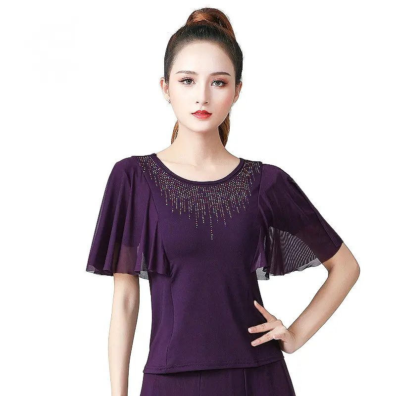 Haut de danse carré pour femmes, rond Ne ort Sve, vêtements de danse à la mode, support moderne, vêtements de pratique sociale latine