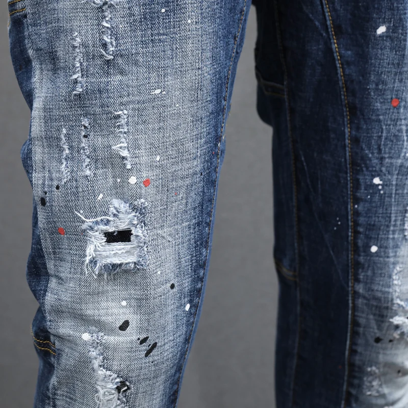 Fashion Designer Men Jeans Retro Blue Spliced Elastic Slim Fit Ripped Jeans Men Embroidery Vintage Trousers Hip Hop Pants Hombre