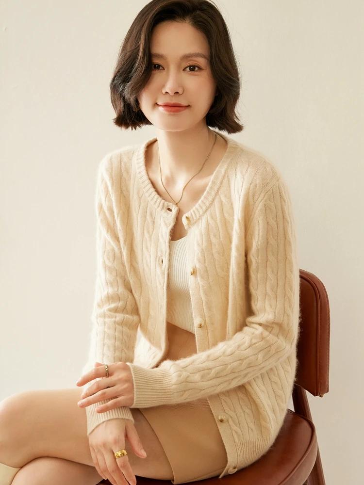 

Autumn Winter 100% Cashmere Cardigan Retro Grace Casual Woman Clothing Jacquard Cable Stitch Knitwear Sweater Solid Color Basics