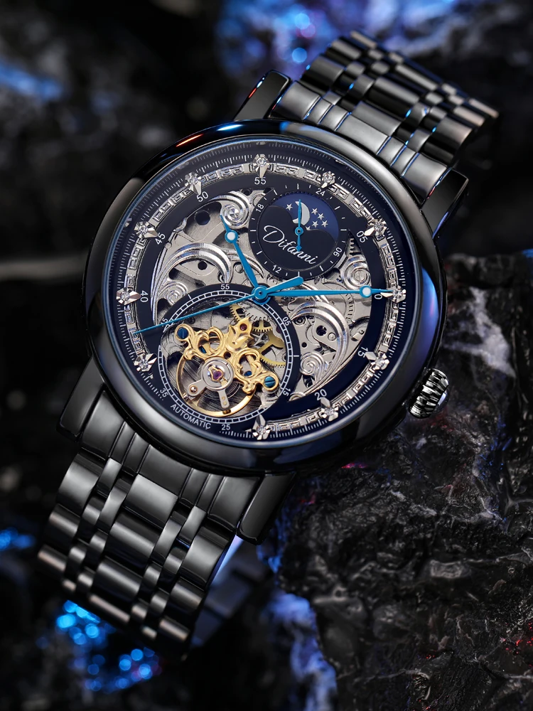 

Luxury Men Watches Automatic Mechanical Wristwatch Tourbillon Skeleton Design Waterproof Black Steel Strap Male Watch Reloj