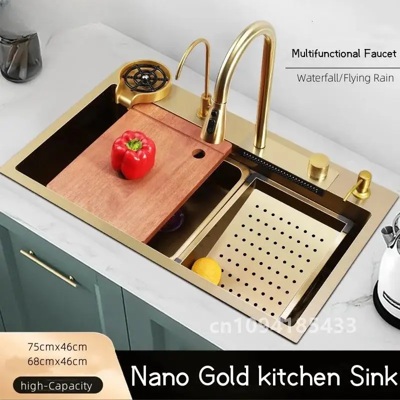 Gold 304 Stainless Steel kitchen Waterfall Sink,Vegetable Washing Basin,Large Single Slot,Middle And Lower Basin,Thickened