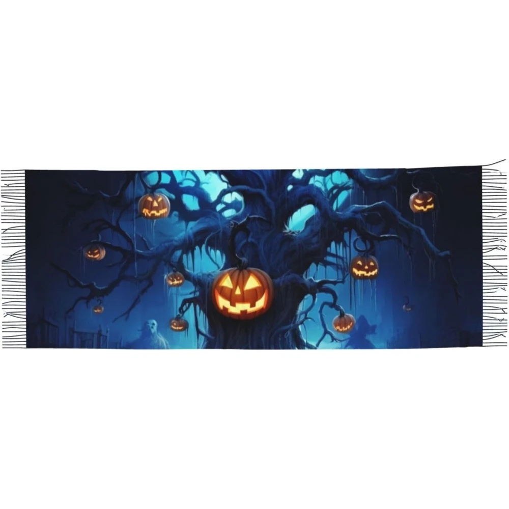 

Halloween Pumpkin Tree Blue Printed Cashmerette Fringed Scarf Fringed Edge Scarf Large Winter Scarf Print Keep Warm
