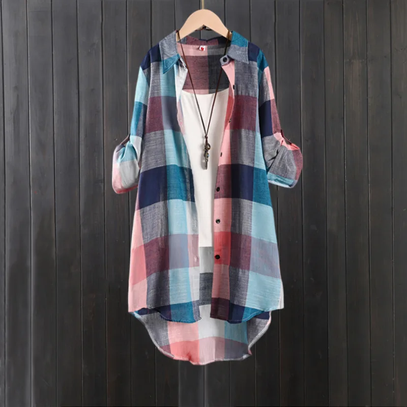 Women's Plaid Shirt Casual Blouses Woman Tops for Women Long Sleeve Long Sleeve Shirts Chic Blouse Check Linen Cotton Clothing image 2