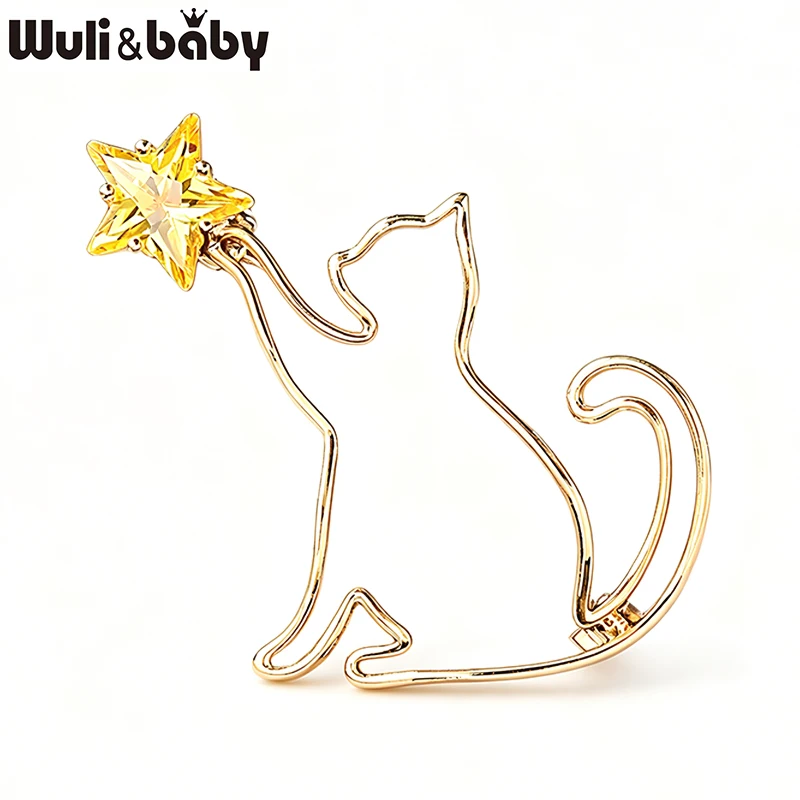 Wuli&baby Cute Touching Star Cat Brooches For Women Unisex 2-color Crystal Alloy Animal Kitty Party Office Brooch Pin Gifts