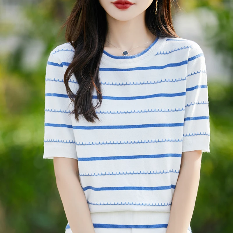 Damen-Rundhalspullover für Frühling und Herbst, 100 % Andy-Samt-Strickpullover, lässiges und elegantes Top, Sommer-Kurzarmshirt, SMY