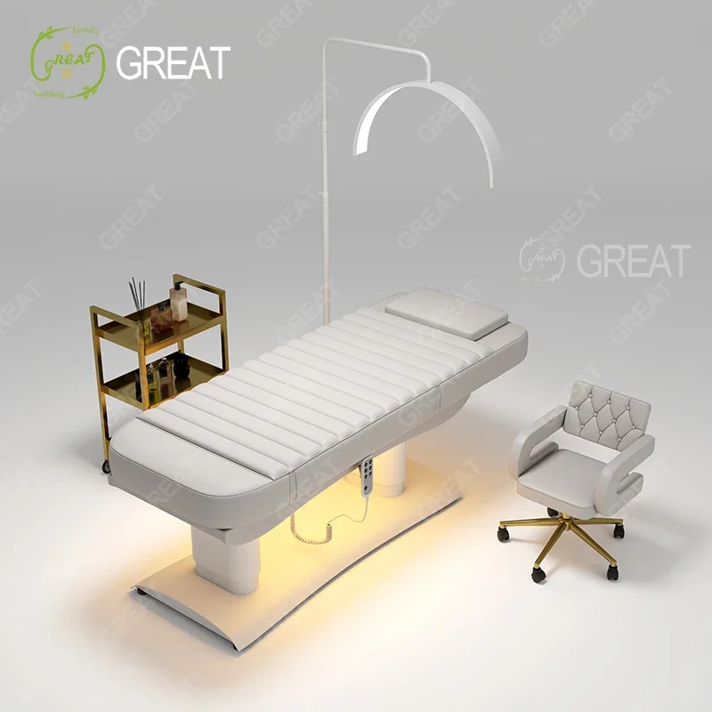 Adjustable Height  Salon Furniture Equipment Beige Massage Spa Table Three Motor Electric Reclining Facial Bed