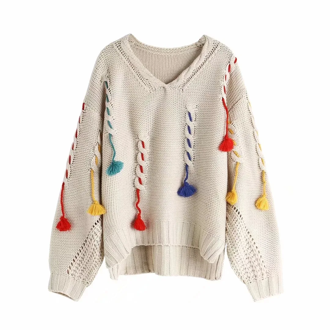 

Loose V Neck Tassel Pullover Sweater Women's 2024 Autumn Winter Knitted Sweaters Female Jumper Vintage Knitwear