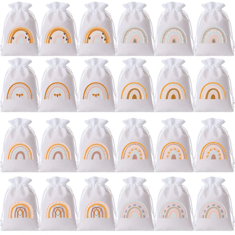 72pcs/lot 10*14cm 2025 Newest Boho Rainbow White Burlap Drawstring Pouches Holiday Wedding Party Favor Packing Bags