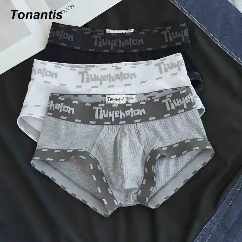 3Pcs/Set Combined Ribbed Cotton Boxers Man Fashion Letter Printing Low Waist Underpants Men Comfortable Elastic Men\'s Panties