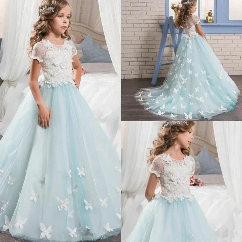 

Formal Light Blue Flower Girl Dress Short Sleeves With Cute Butterfly Sweep Pageant Party First Communion Gowns