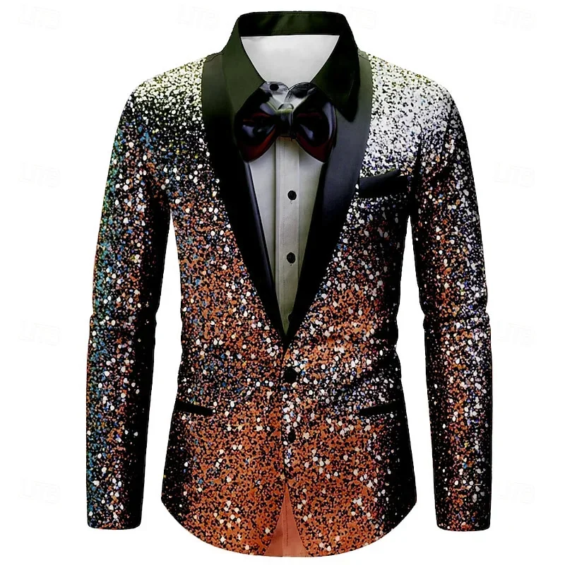 Christmas Men's Christmas Shirt Fashion Casual Party Long Sleeve Christmas Lapel Glitter Premium Men's Clothing