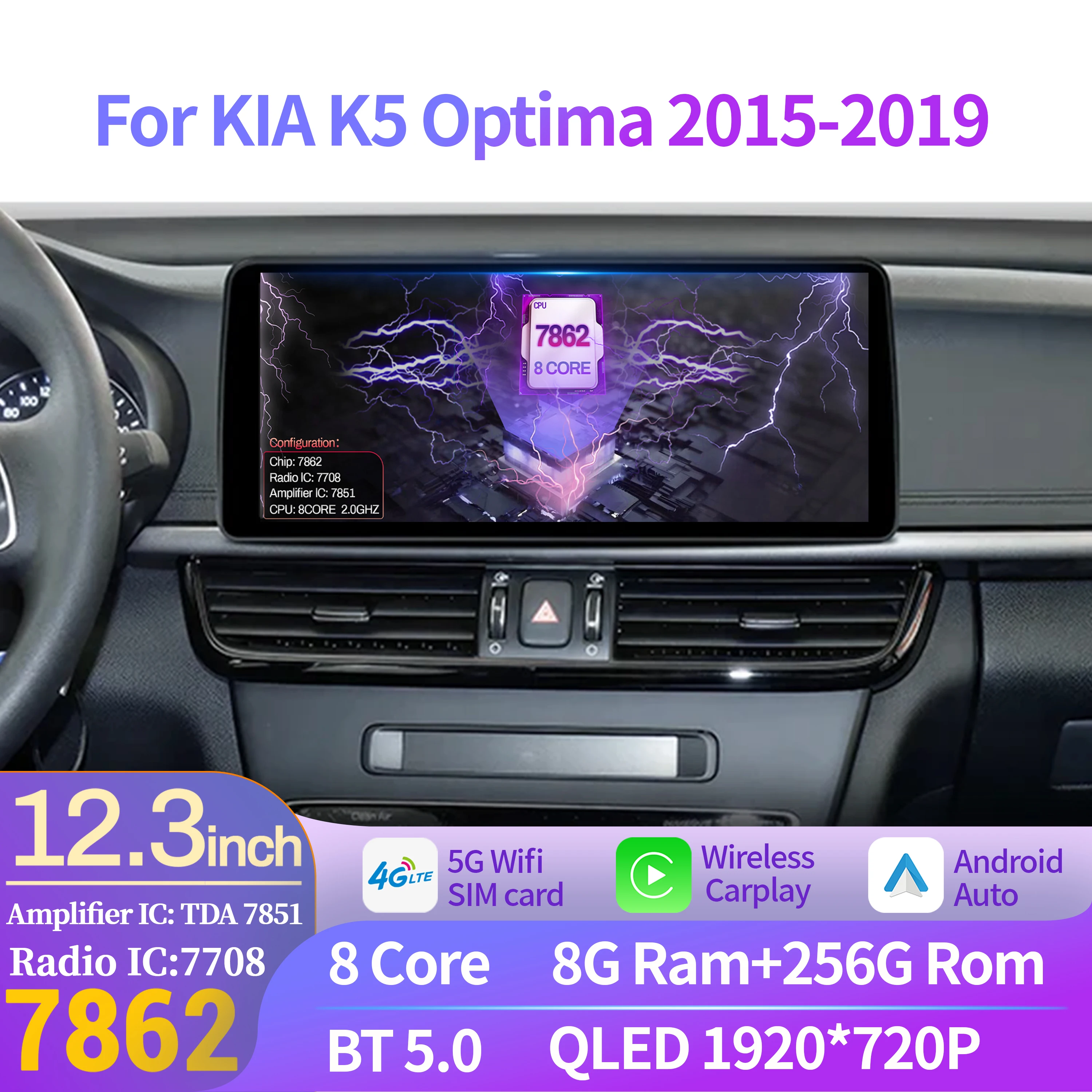 12.3 inch For KIA K5 Optima 2015-2019 Car Radio Wireless BT CarPlay Android 14 4G GPS Navigation Multimedia Head Unit Screen
