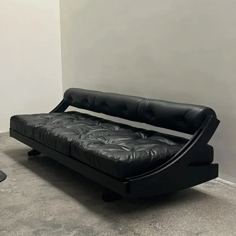 New Italian retro style leather straight row antique style solid wood ash wood tofu sofa