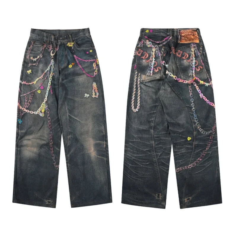 

LKC060 Early autumn AC home digital candy printed bead canvas jeans men's trendy brand loose wide leg straight leg pants