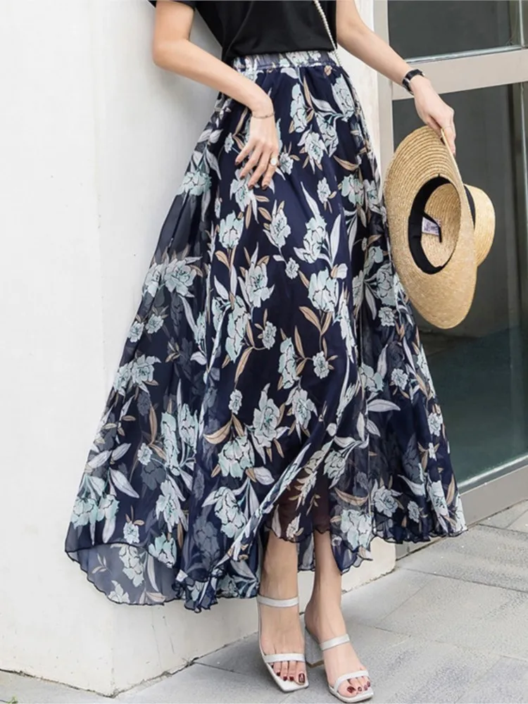 جديد التنانير الأنيقة للنساء الربيع الصيف الشيفون نصف الجسم تنورة سحق زهرة عطلة نمط المرأة الشاطئ مطوي تنورة #4