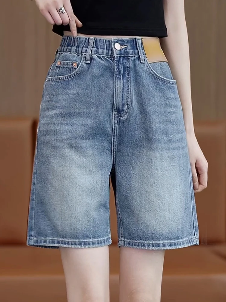 

Summer Thin Denim Five-Point Pants Women's High Waist A-Line Wide Leg Pants Mid-Length Loose Shorts Casual Korean Style