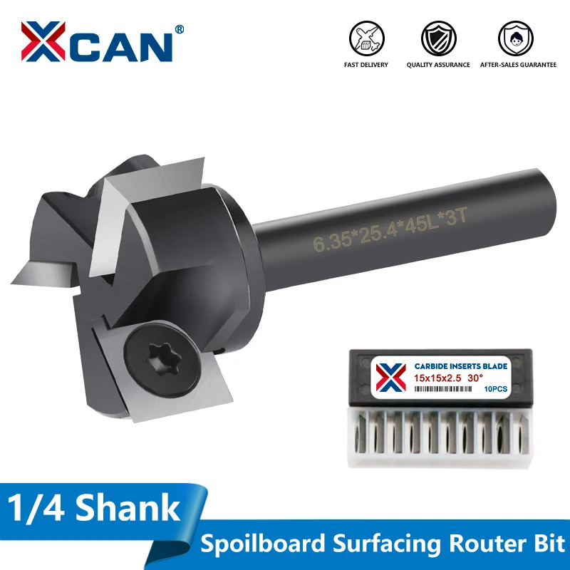 XCAN Milling Cutter 3-Flute 1/4 Shank Spoilboard Surfacing Router Bit Wood Planer Bit Carbide Insert Slab Flattening Router Bit