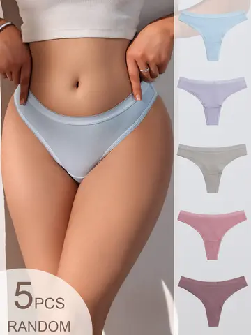 5-pack random color thin edge lock edge low waist thong underwear for women, made of cotton fabric with moderate elasticity