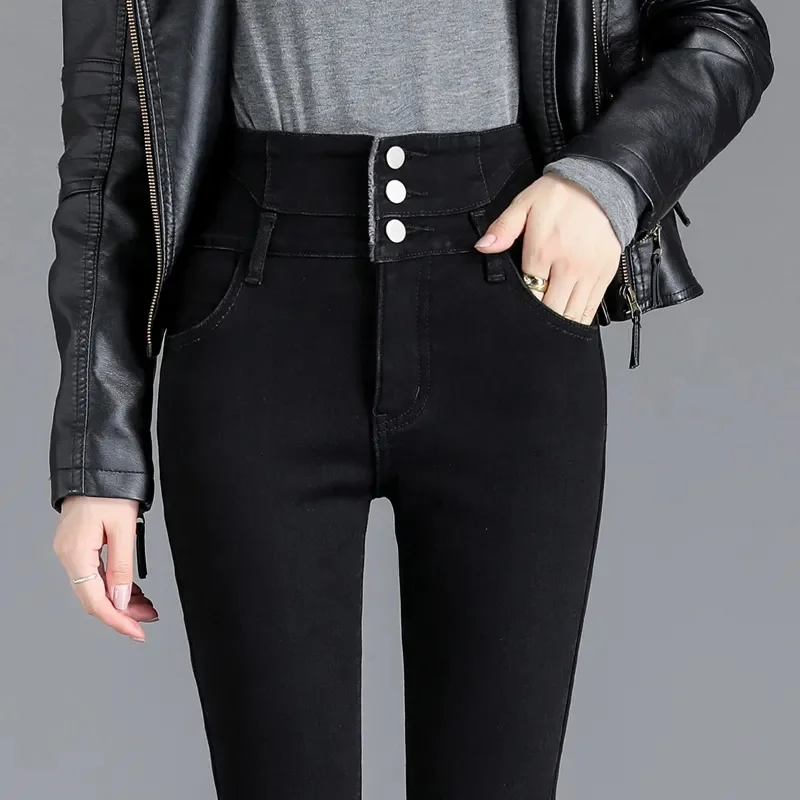 

2025 Winter Thick Fleece High-waist Warm Skinny Jeans Thick Women Stretch Button Pencil Pants Mom Casual Velvet Jeans