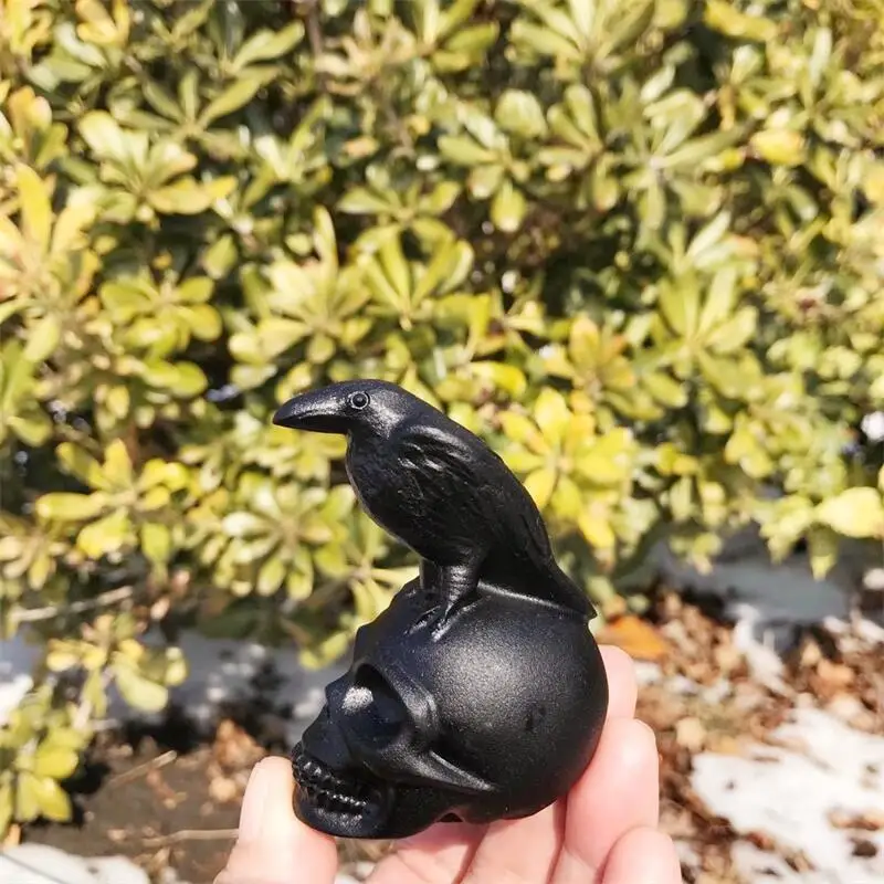 Natural Black Obsidian Crow Skull Carved Mineral Sculpted Reiki Healing Gemstone Crystal Crafts For Art Collection Gift 1pcs