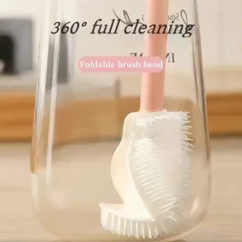 Cepillo para botellas de silicona multiusos, cabezal de cepillo plegable con mango largo, herramienta de limpieza reutilizable para vasos, vasos, licuadoras