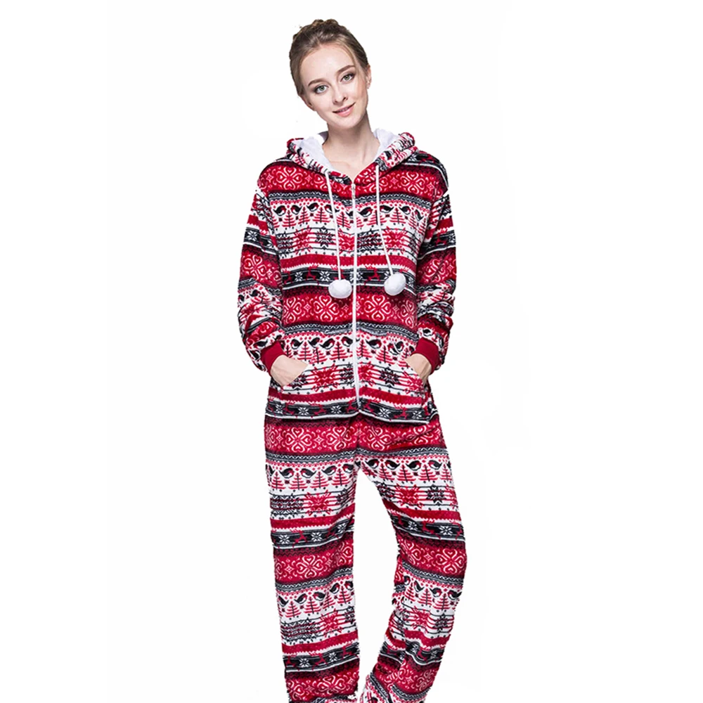 

Christmas and New Year's One-piece Pajamas For Women Winter Thick Warm Hooded Jumpsuit Snowflake Printed Flannel Jumpsuit Pijama