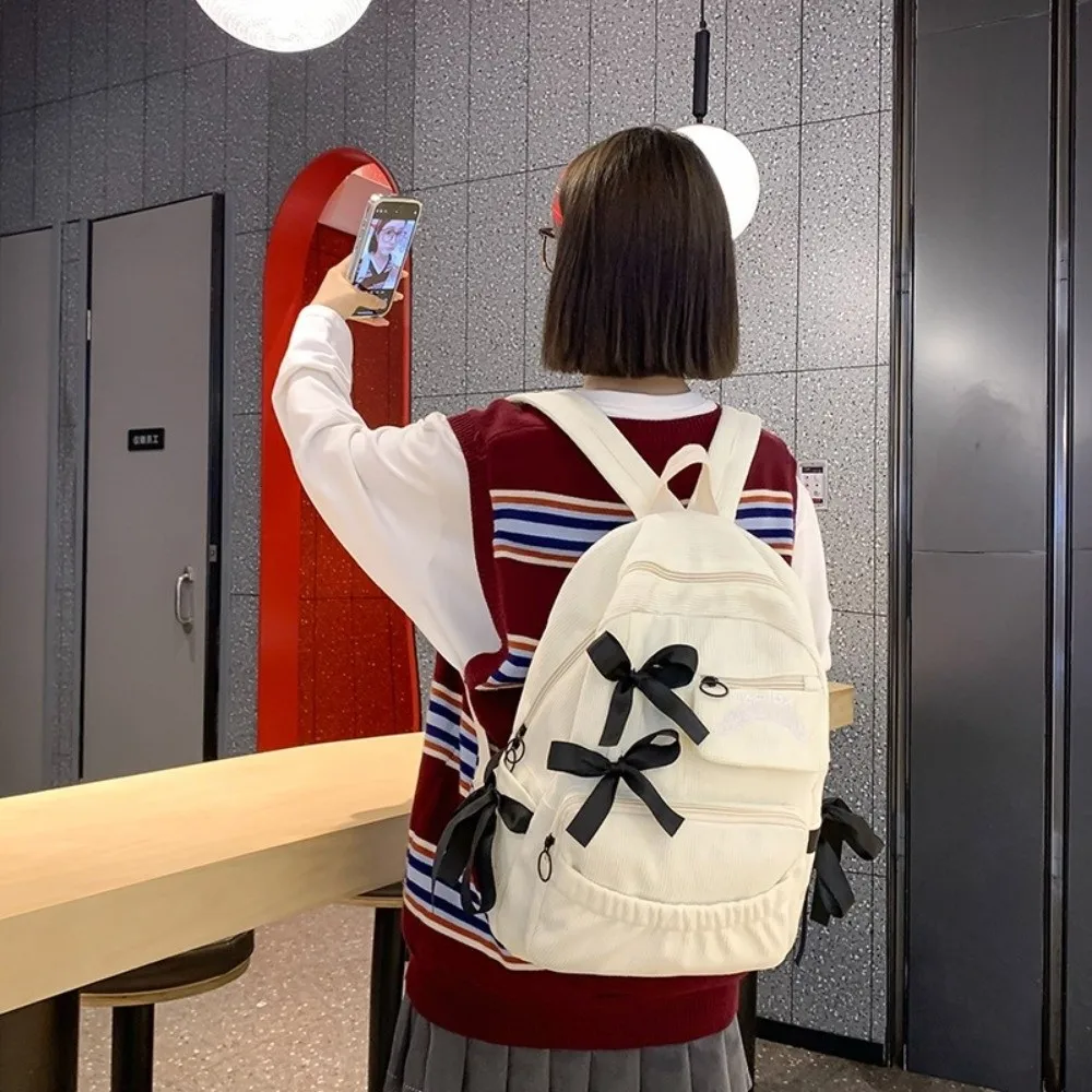 Tas Ransel Pelajar dengan Ikat Pita Lucu Kapasitas Besar Tas Sekolah yang Dapat Disesuaikan Tas Ransel dengan Pita Berlipit