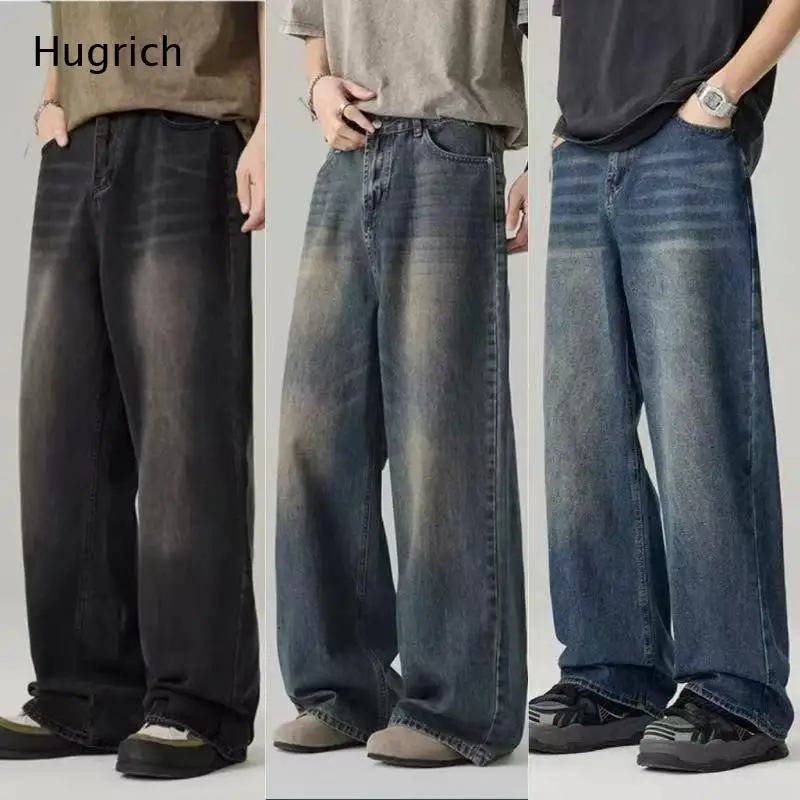 Two-Tone Distressed Loose Baggy Flared Denim Pants High Waist Fashion Men Trousers