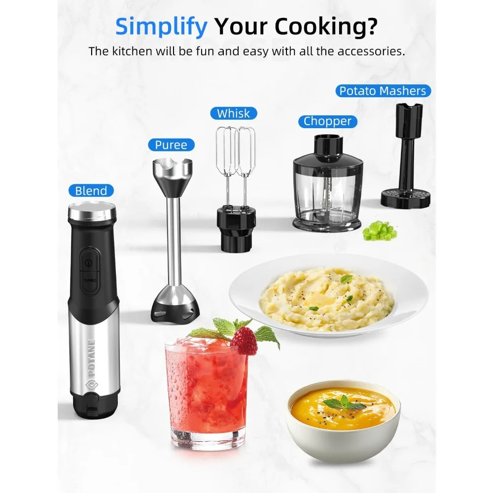 Licuadora de inmersión, motor de cobre resistente, palo inteligente de acero inoxidable con batidores de huevos, triturador de patatas