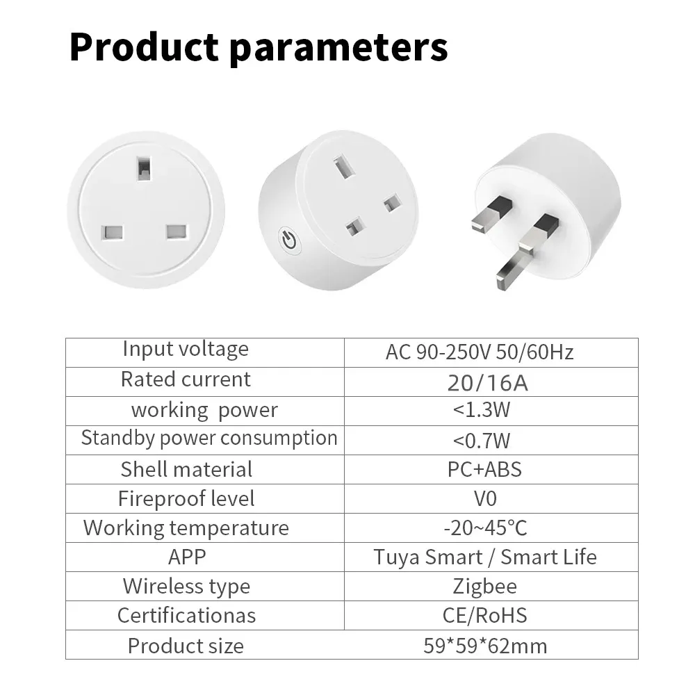 Cerhot Tuya ZigBee Plug Smart Socket 20A Power Monitor Smart Plug UK Socket 3pin Outlet Adapter with Energy Timer Work For Alexa