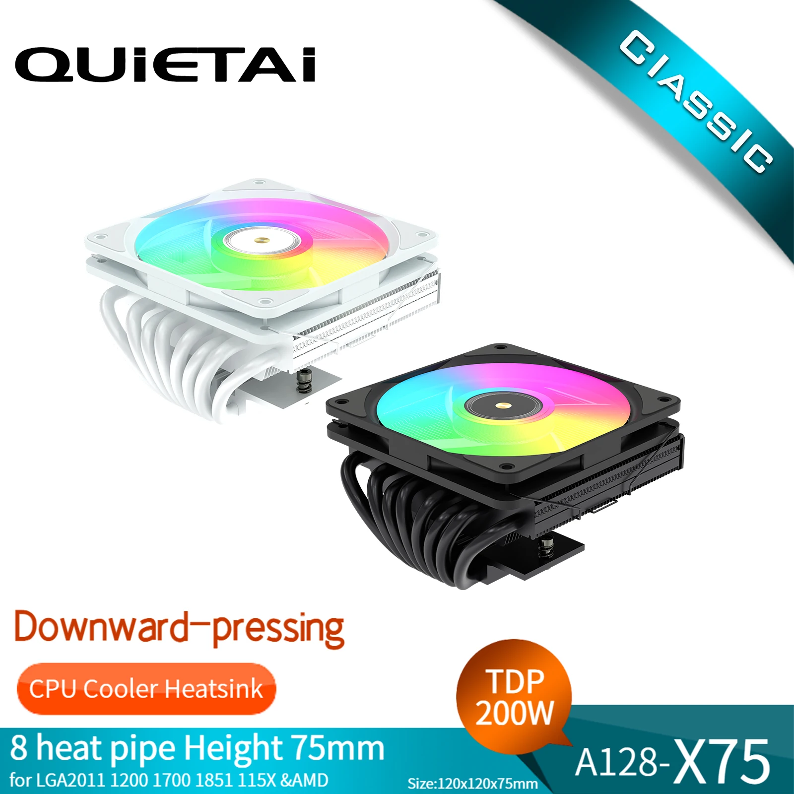 

QUIETAI A128-X75 CPU Cooler Heatsink 8 heat pipe Height 75mm for LGA201112001700 1851115X &AMD
