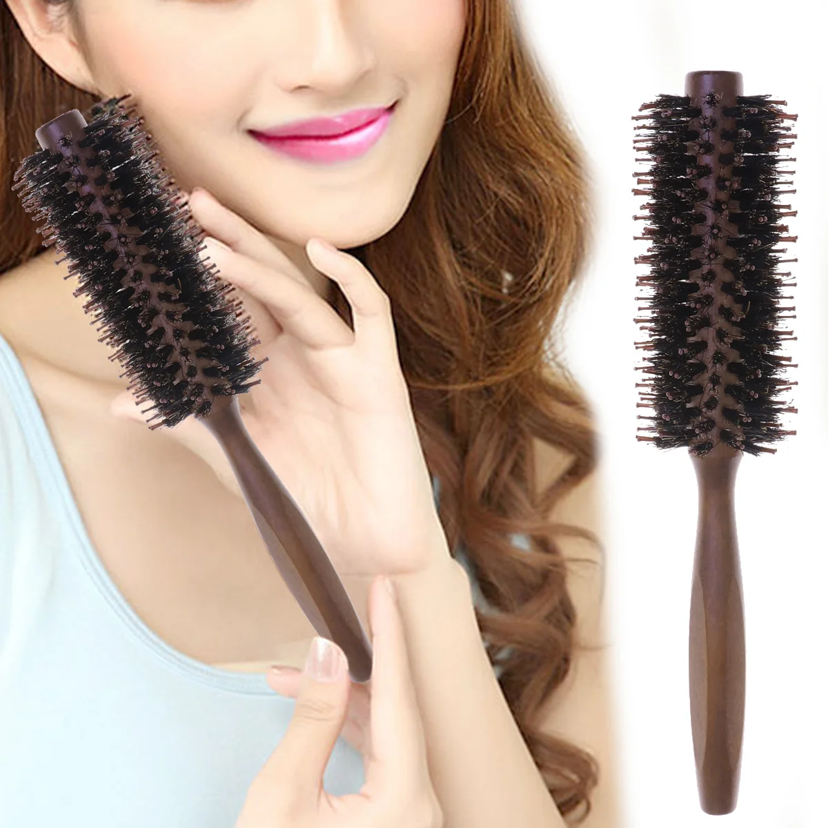 

Bristles Hair Brush Round Comb Twill 12 Wooden Handle for Hair Drying Styling Curling and Blow Drying Round Comb Brush