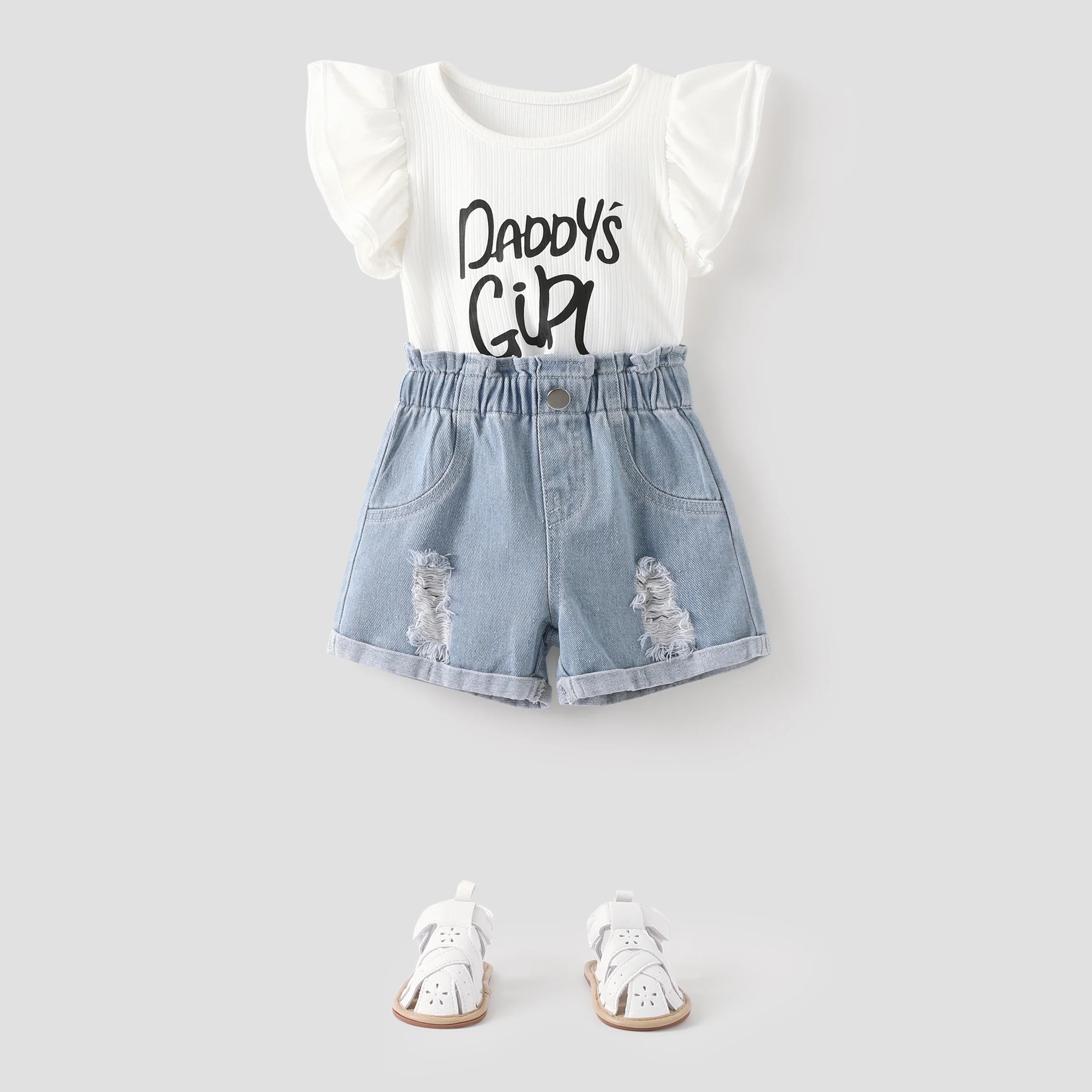 PatPat 2pcs Baby Girl Letter Print Flutter-sleeve Top and Ripped Denim Shorts Set Suitable for Summer Season