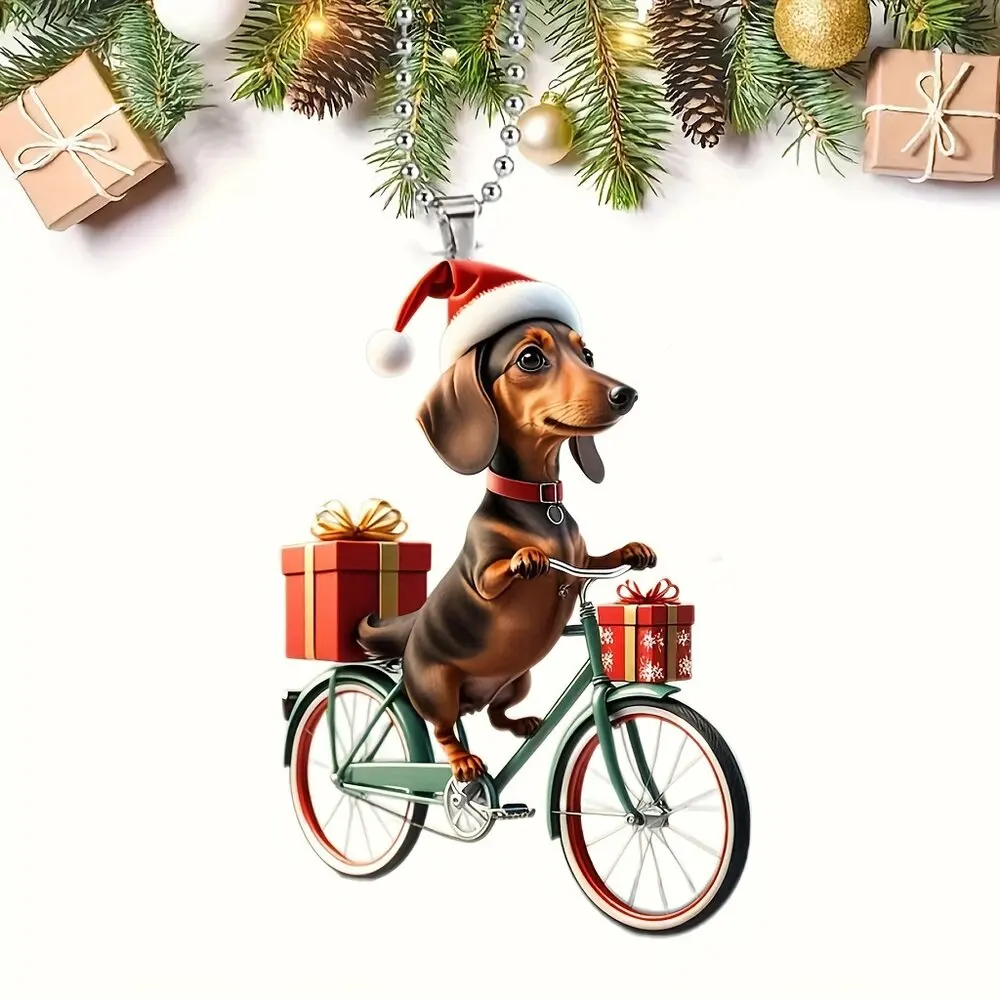 AliExpress 1pc Christmas Riding Dog Acrylic Hanging-Holiday Vintage Bike with Gift Car and Bag Keychain