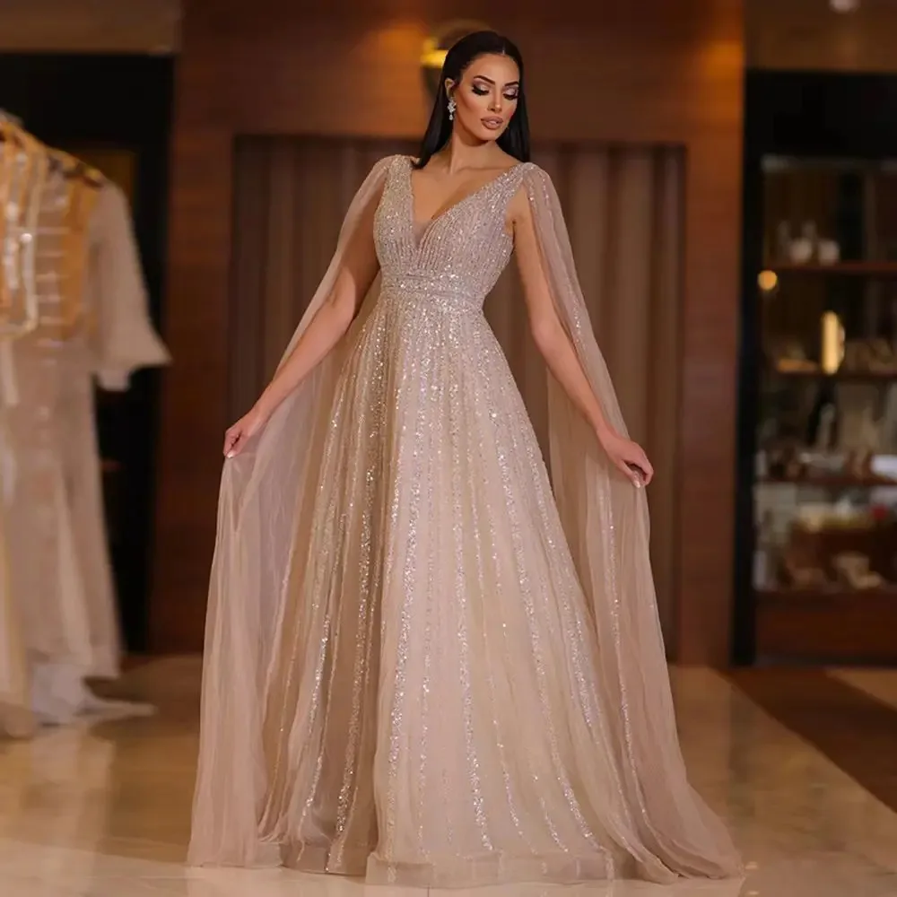 

Luxury Champagne Beading Sequined Prom Dresses V-Neck Long Sleeves A-Line Saudi Arabic Evening Gowns Formal Dress