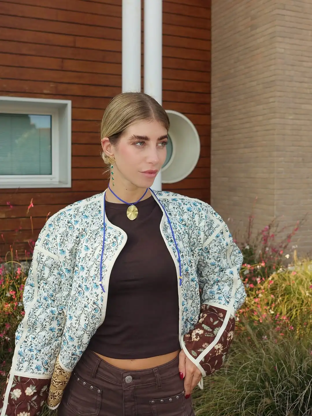 

Chic Casual Quilted Printed Cotton Jacket Lady Round Neck Full Sleeve Loose Short Outerwear Women Winter Commute Street Coats