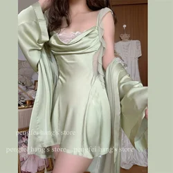Lady Elegant Kimono Bathrobe Gown Vintage Palace Style Nightdress Women Sexy Lace Swing Collar Nightgown Green Satin Robe Suit