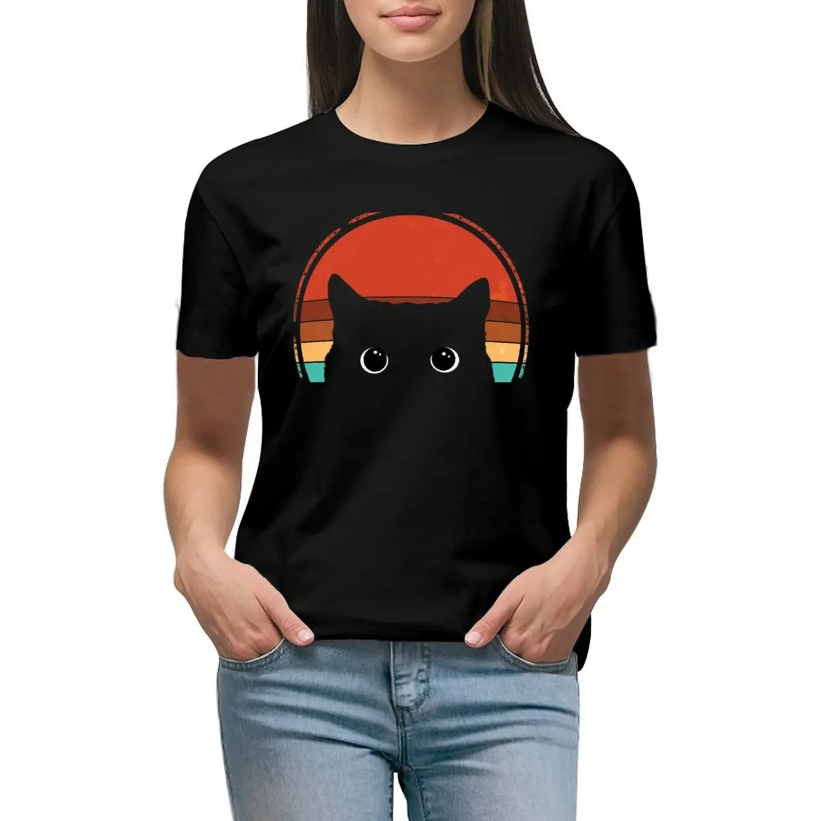 Black Cat Peeking Sunset Vintage T-Shirt Short sleeve tee shirts graphic tees clothes for Women