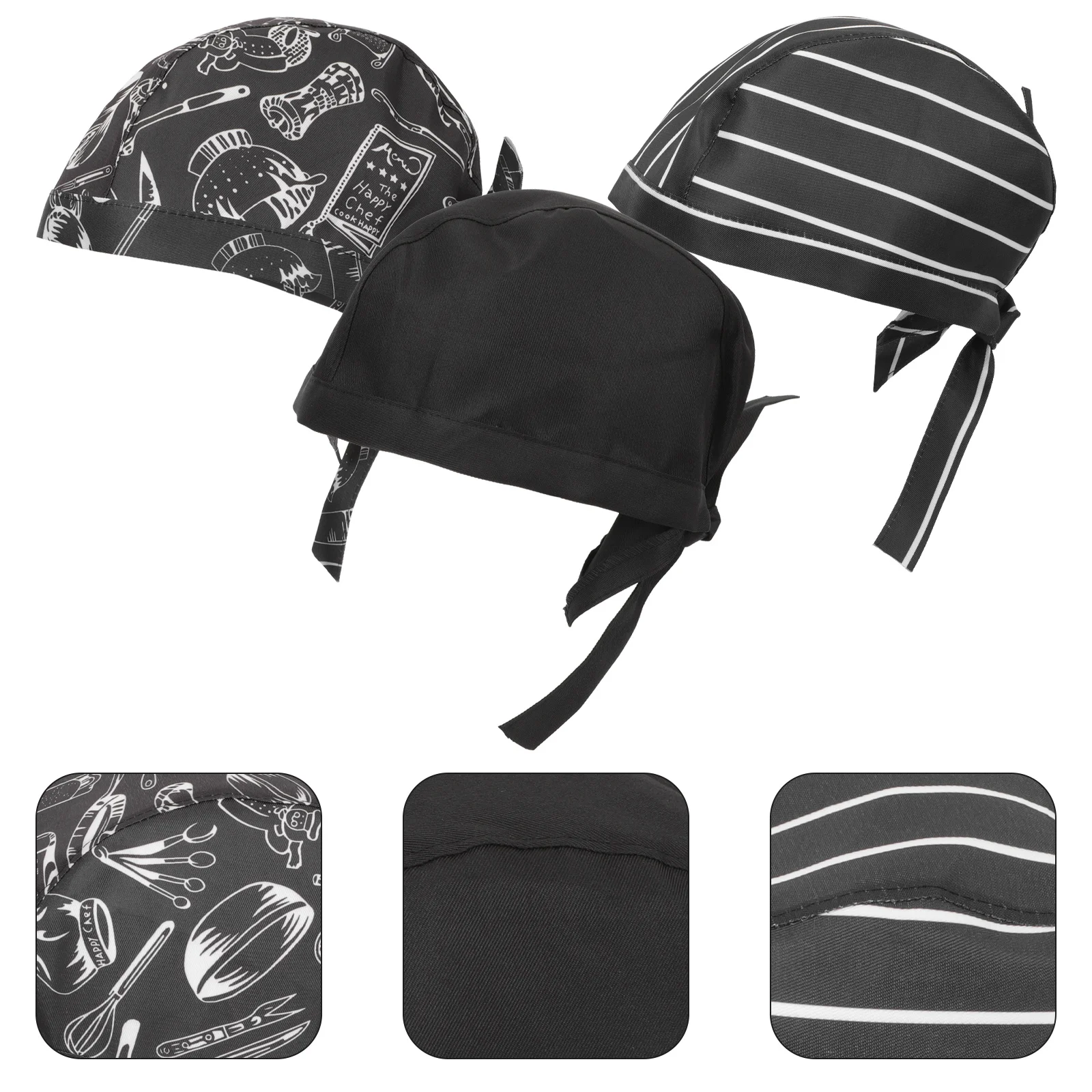 6pcs Chef Work Hats Unisex Adjustable Kitchen Hats Black White Stripes Fork Spoon Prints Hair Control Catering Restaurant Cloth
