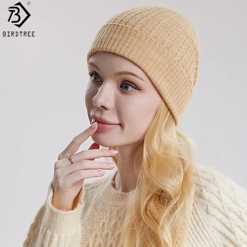 BirdTree, 85% Silk 15% Cashmere Knitted Cap, Women's Solid Warmth Hat, Outdoor Cycling Caps, 2026 Autumn Winter New S69421JF