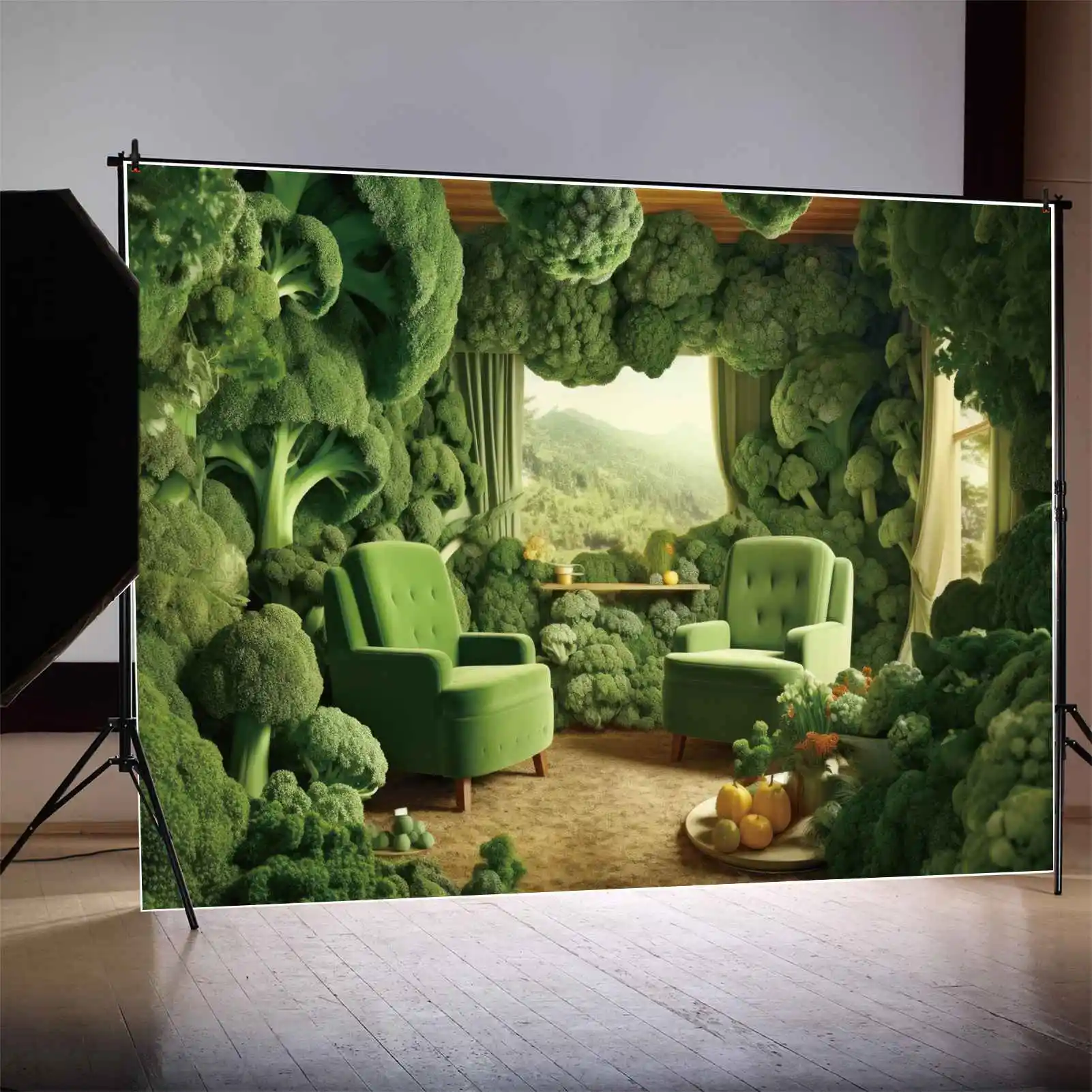 Mon.qg ฉากหลังห้องโดยสารฟาร์มสีเขียวห้องนั่งเล่นถ่ายภาพพื้นหลังเด็กฉากตกแต่งบรอกโคลีสีเขียว
